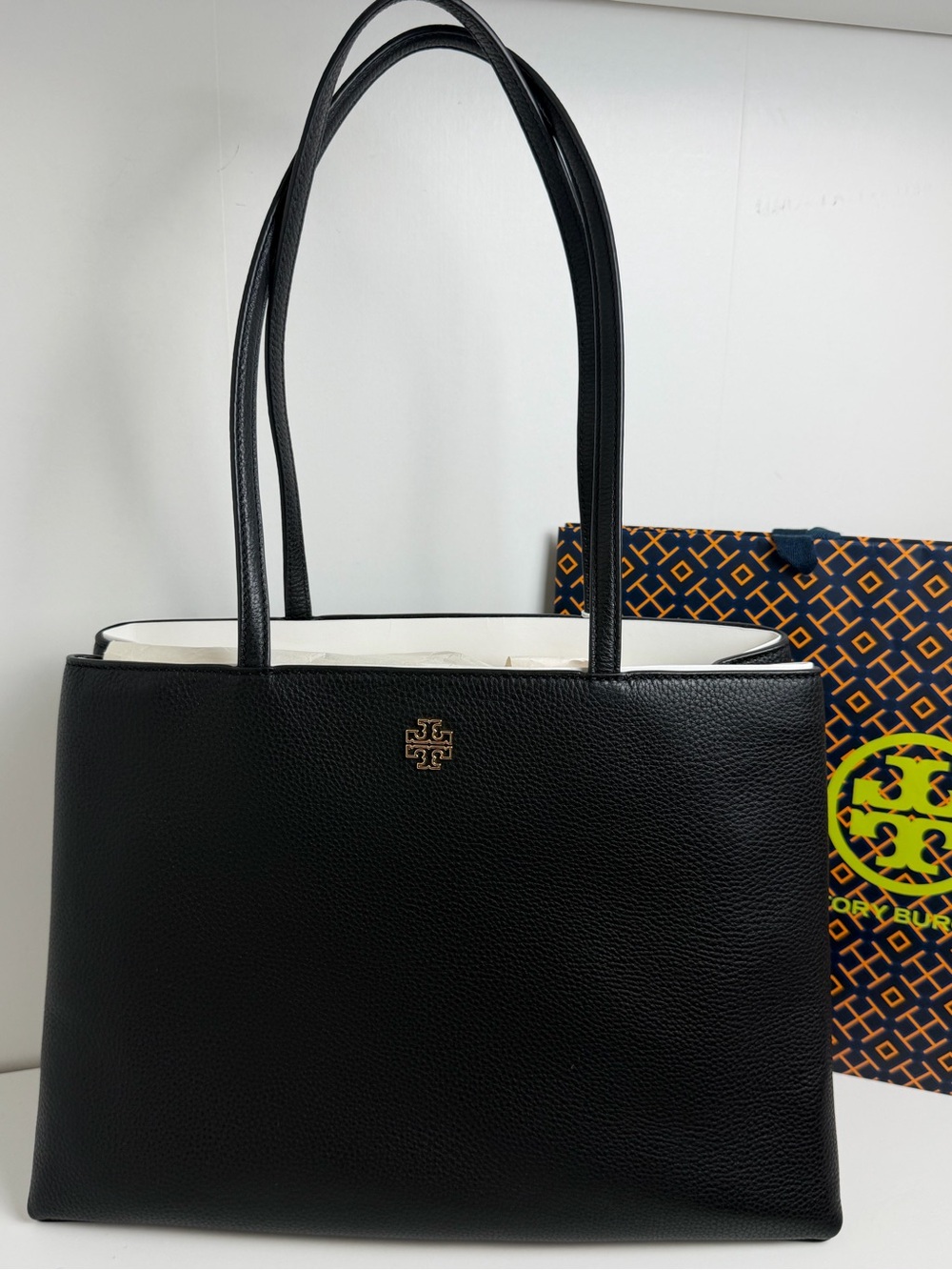Tory Burch Britten Black Leather Top-Handle Tote with White Trim